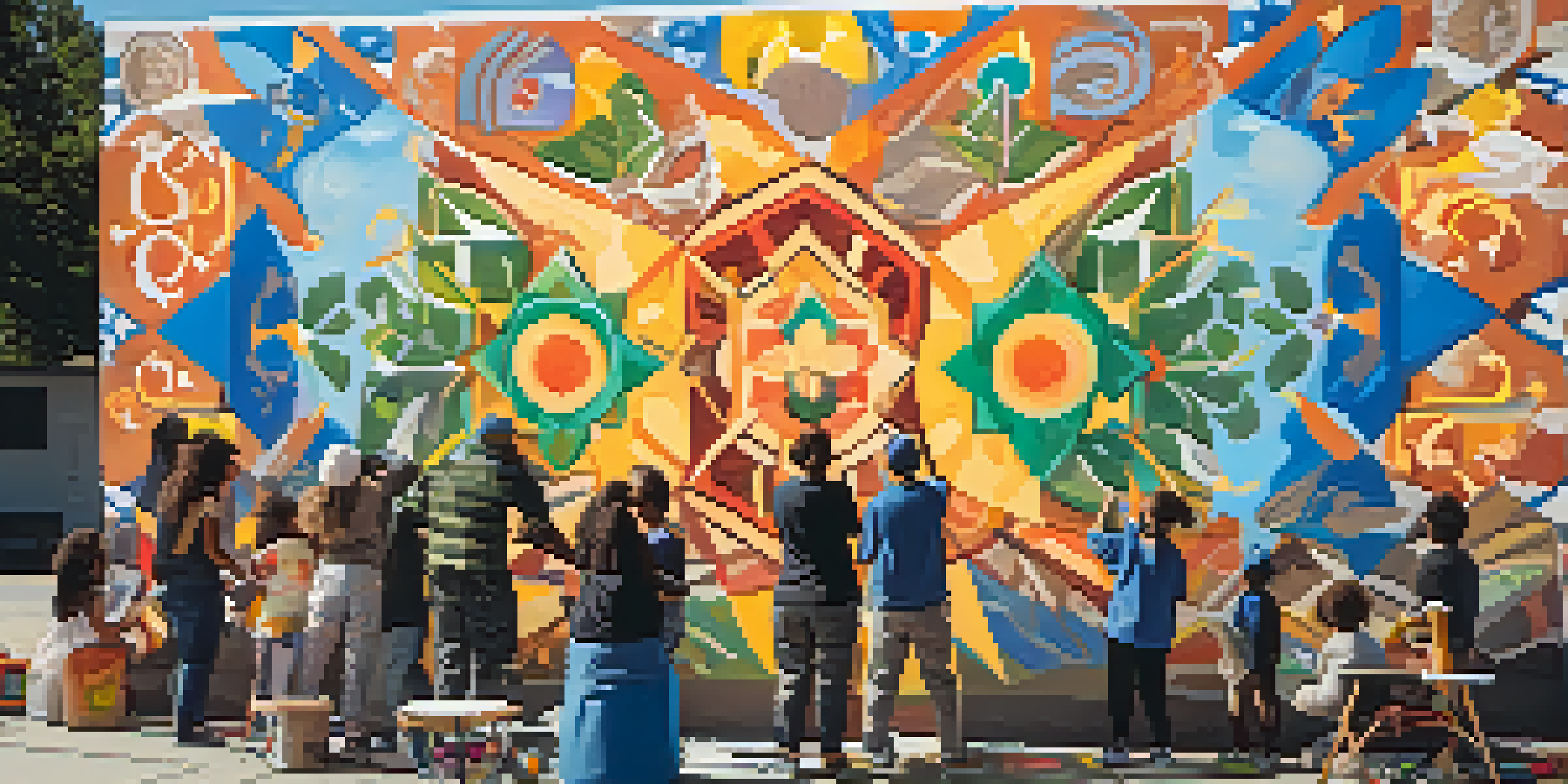 A colorful community mural being painted by people of different ages and backgrounds, showcasing unity and cultural heritage.
