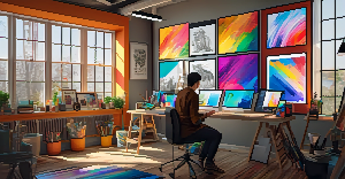 A bright and colorful digital art studio featuring an artist creating on a graphics tablet, with multiple screens showing digital art.