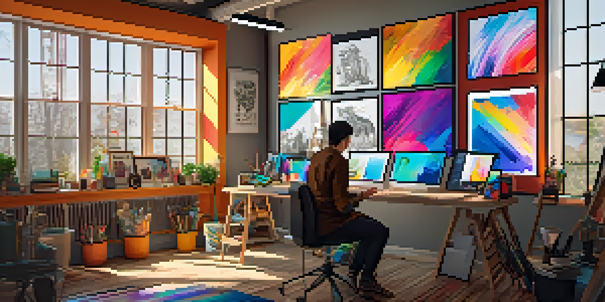A bright and colorful digital art studio featuring an artist creating on a graphics tablet, with multiple screens showing digital art.