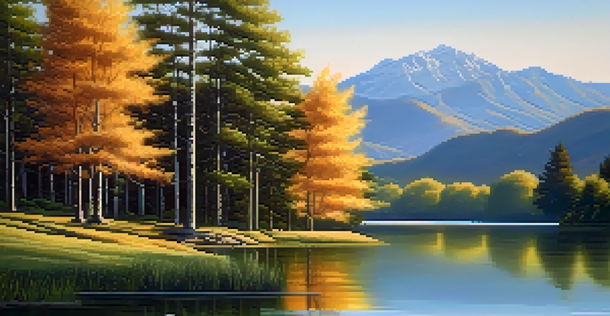 A peaceful landscape with a calm lake, green trees, and a blue sky illuminated by golden sunlight.