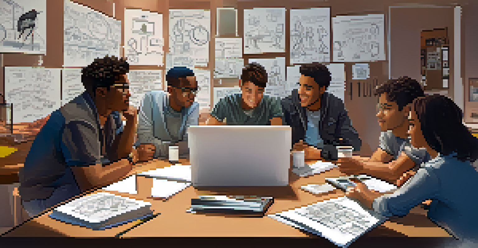 Students engaged in a brainstorming session for a short film project, surrounded by storyboards and creative materials.