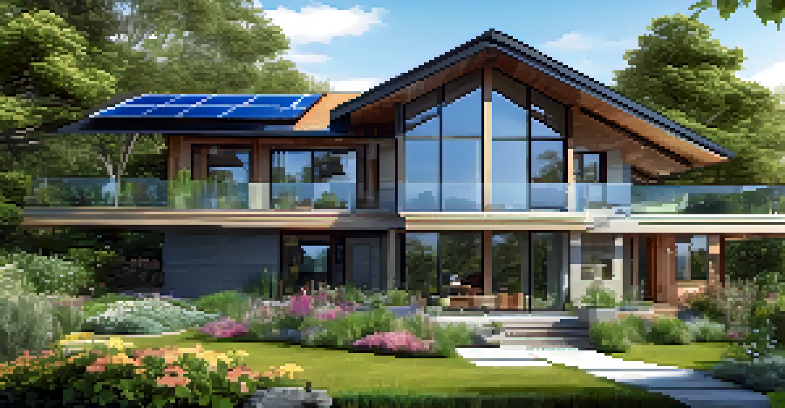 A modern eco-friendly home with a green roof and solar panels, surrounded by a well-maintained garden with flowers and insects.