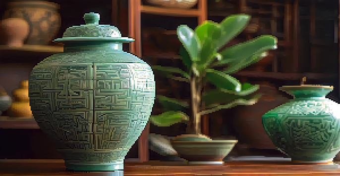 A detailed close-up of an ancient Chinese ceramic pot with a celadon glaze, featuring intricate designs and soft natural lighting.
