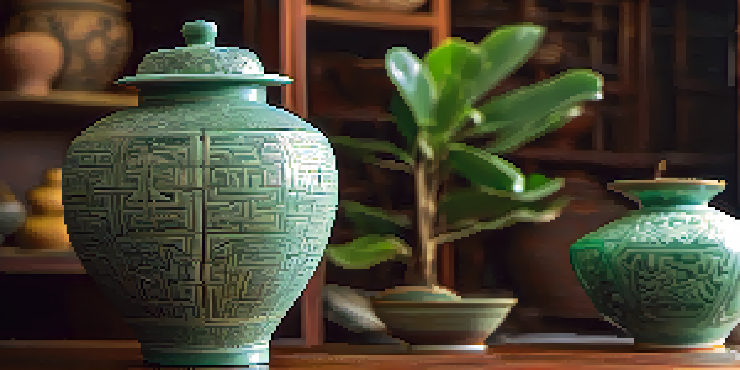 A detailed close-up of an ancient Chinese ceramic pot with a celadon glaze, featuring intricate designs and soft natural lighting.