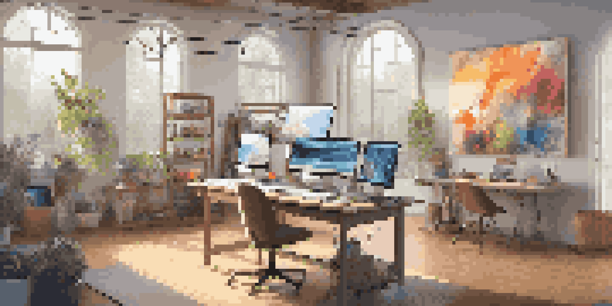 A bright digital art studio with screens showing colorful art and a canvas on an easel, surrounded by art supplies and framed prints.