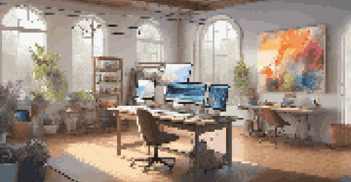 A bright digital art studio with screens showing colorful art and a canvas on an easel, surrounded by art supplies and framed prints.