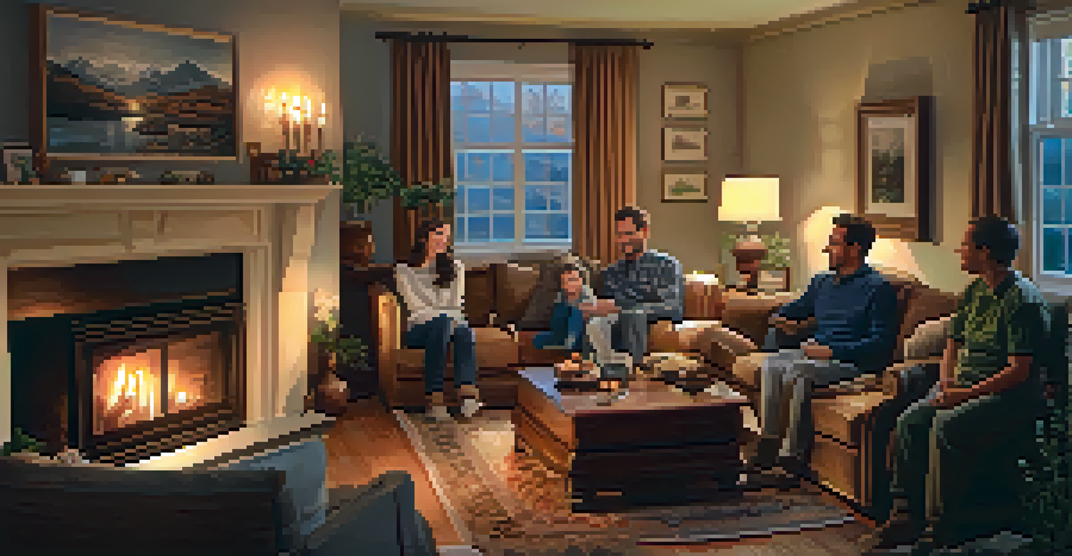 A warm family gathering in a cozy living room with soft lighting and personal touches.