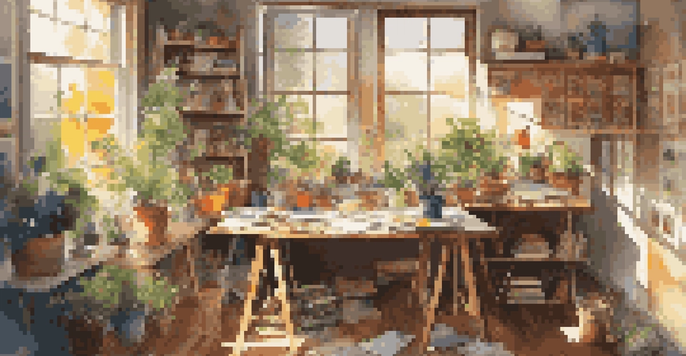 An artist's studio with colorful paintings, brushes, and sunlight streaming through the windows.
