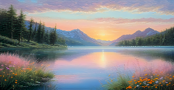 A peaceful lakeside scene at sunrise with misty mountains and colorful wildflowers in the foreground.