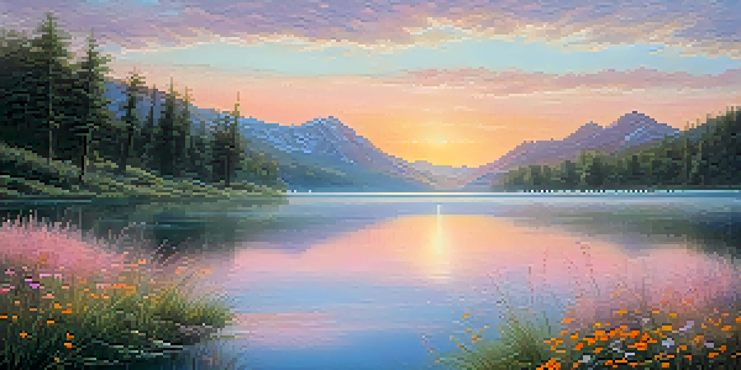A peaceful lakeside scene at sunrise with misty mountains and colorful wildflowers in the foreground.