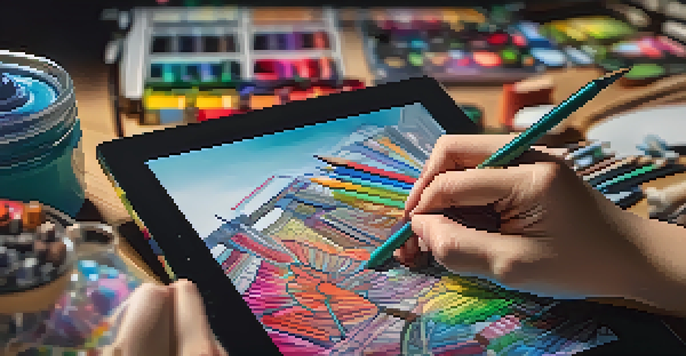 A close-up of an artist's hands on a tablet, creating vibrant digital artwork, with art supplies in the background.