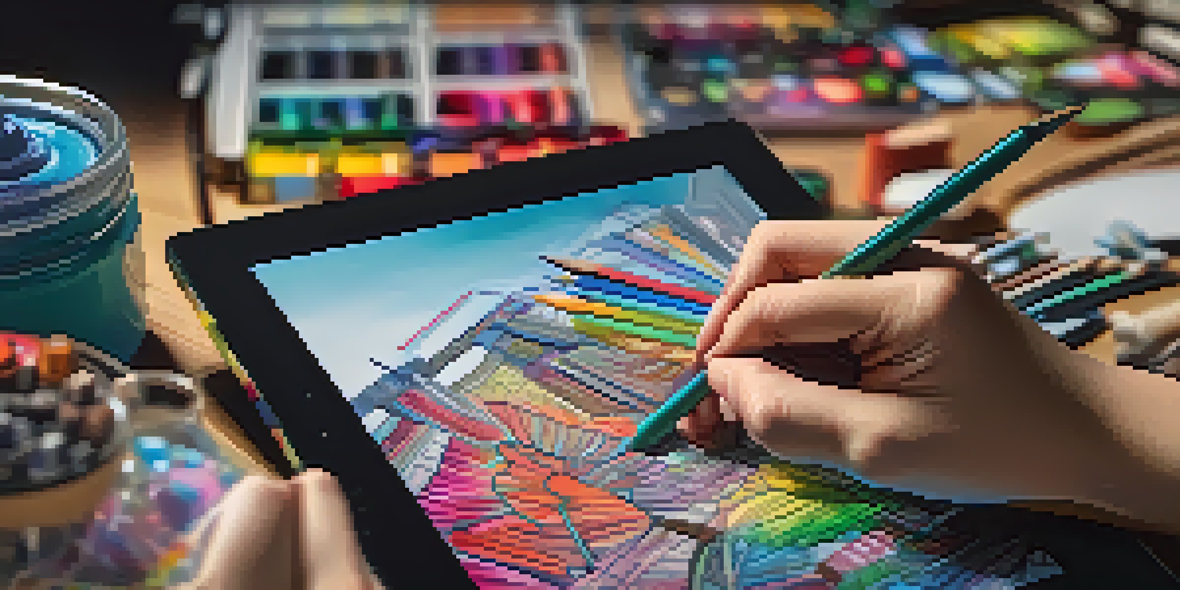 A close-up of an artist's hands on a tablet, creating vibrant digital artwork, with art supplies in the background.