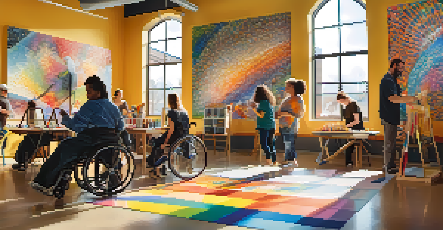 A group of artists with disabilities working together on a colorful mural in an art studio filled with supplies.