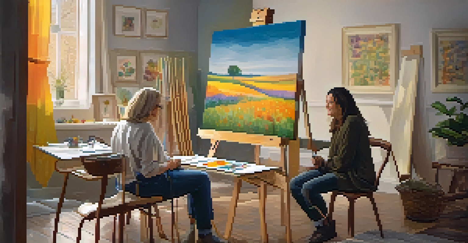 An art therapist guiding a young adult in a cozy studio filled with artwork and warm lighting.