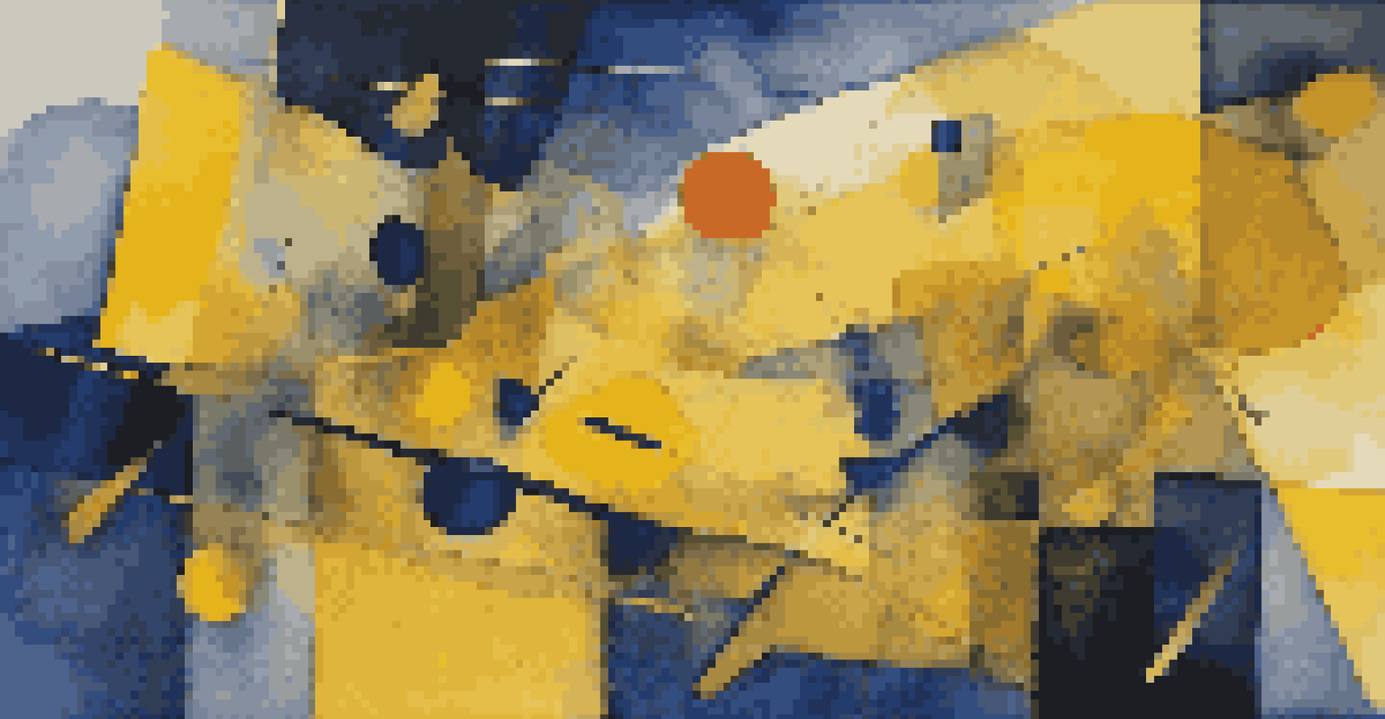 An abstract art piece with bright yellow shapes contrasting against a deep blue background, showcasing vibrant colors and smooth textures.