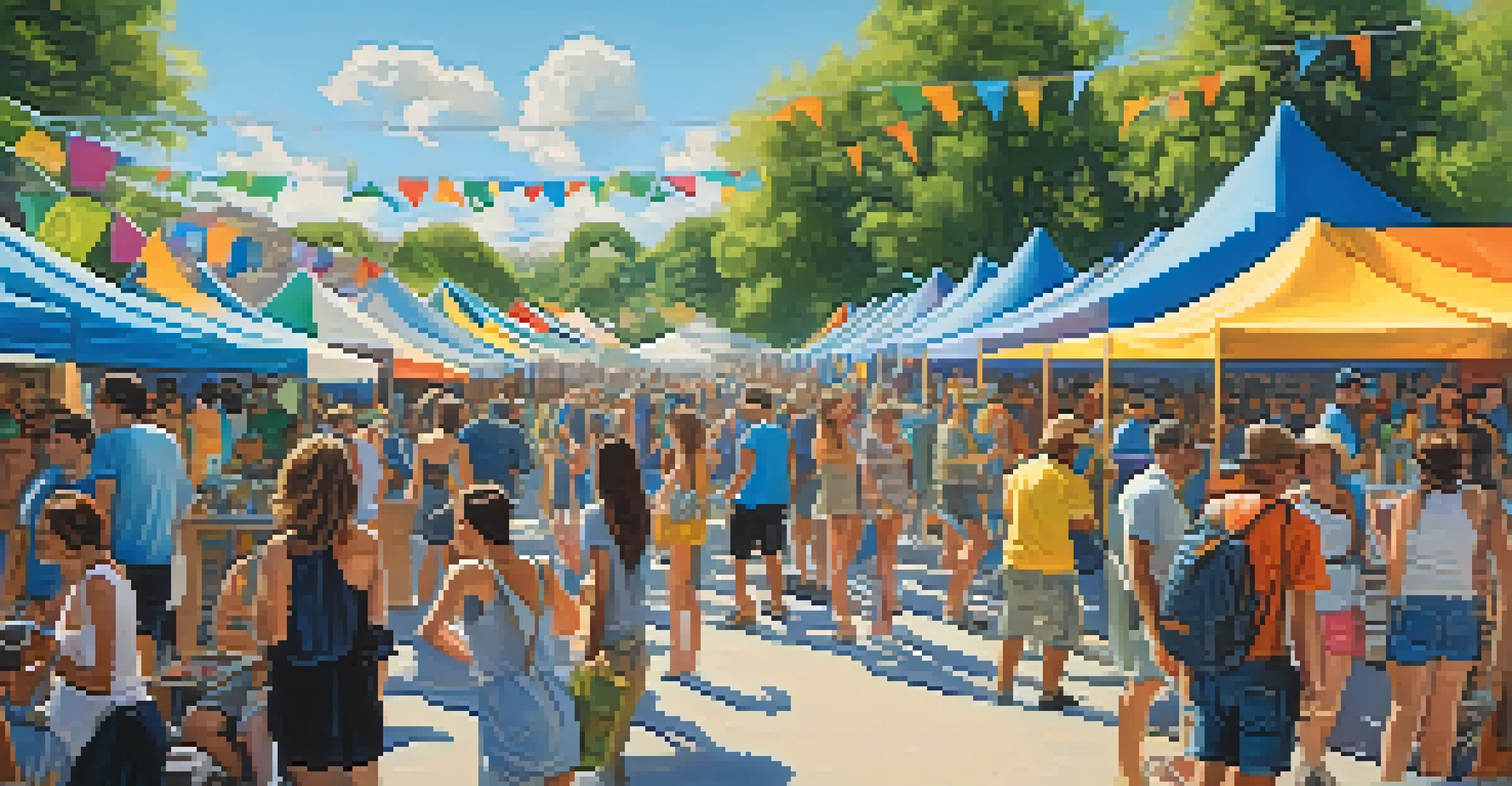 An outdoor art festival with artists creating murals and attendees interacting with art.