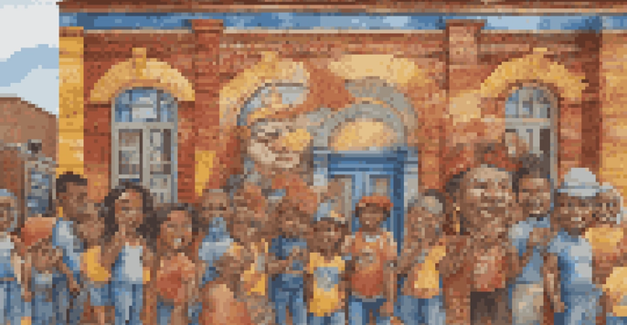 A colorful mural on a brick wall showing diverse community members engaged in activities, symbolizing unity.