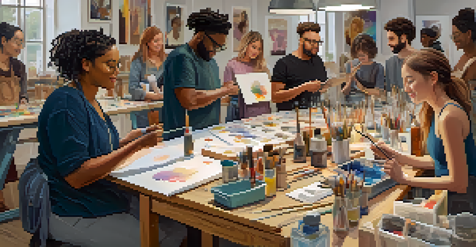 A diverse group of people participating in an art workshop, actively engaged in painting, sculpting, and sketching.