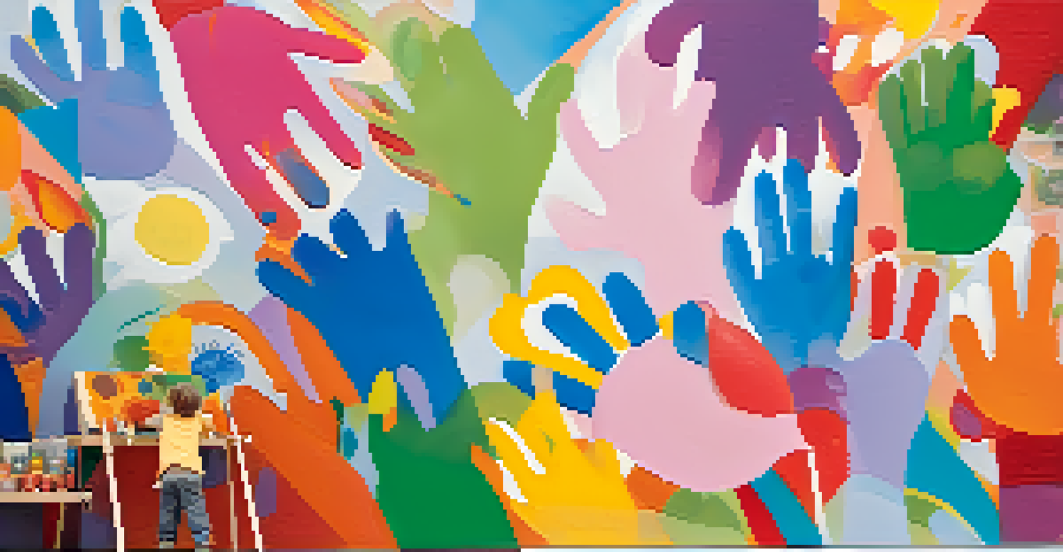 A child's hands painting a vibrant mural filled with imaginative characters, showcasing the joy of playful art-making.