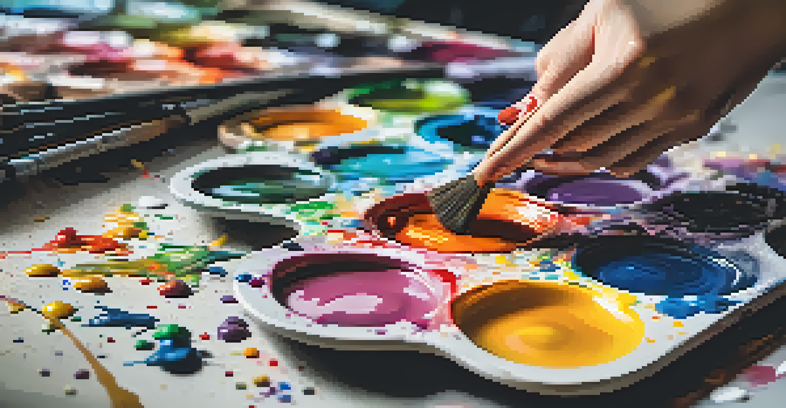 A colorful paint palette with splattered colors on canvas, and an artist's hand reaching for a brush in the background.