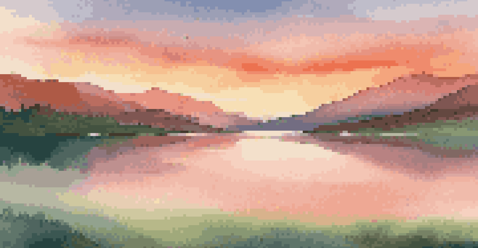 A sunset landscape with warm colors in the sky and a calm lake.