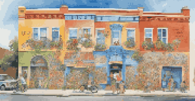 A colorful community mural with whimsical characters and humorous phrases, painted on a building's wall.