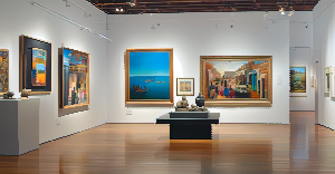 An art gallery filled with diverse contemporary artworks and visitors engaging with the pieces.