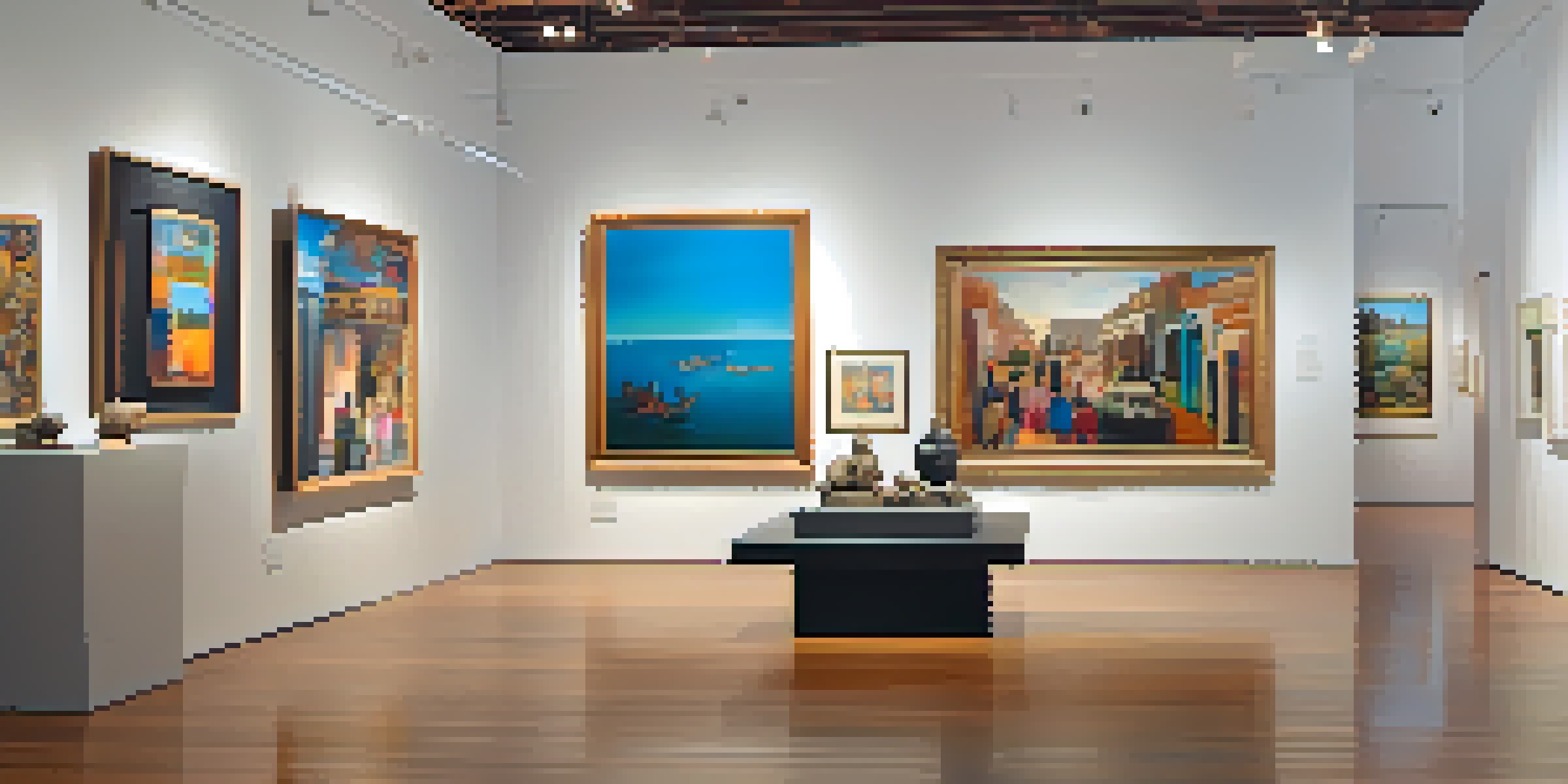 An art gallery filled with diverse contemporary artworks and visitors engaging with the pieces.