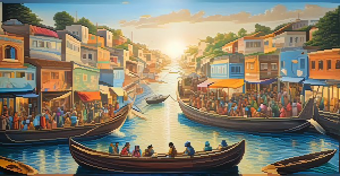 A colorful mural illustrating the refugee experience, showing a transition from conflict to peace with various cultural representations.