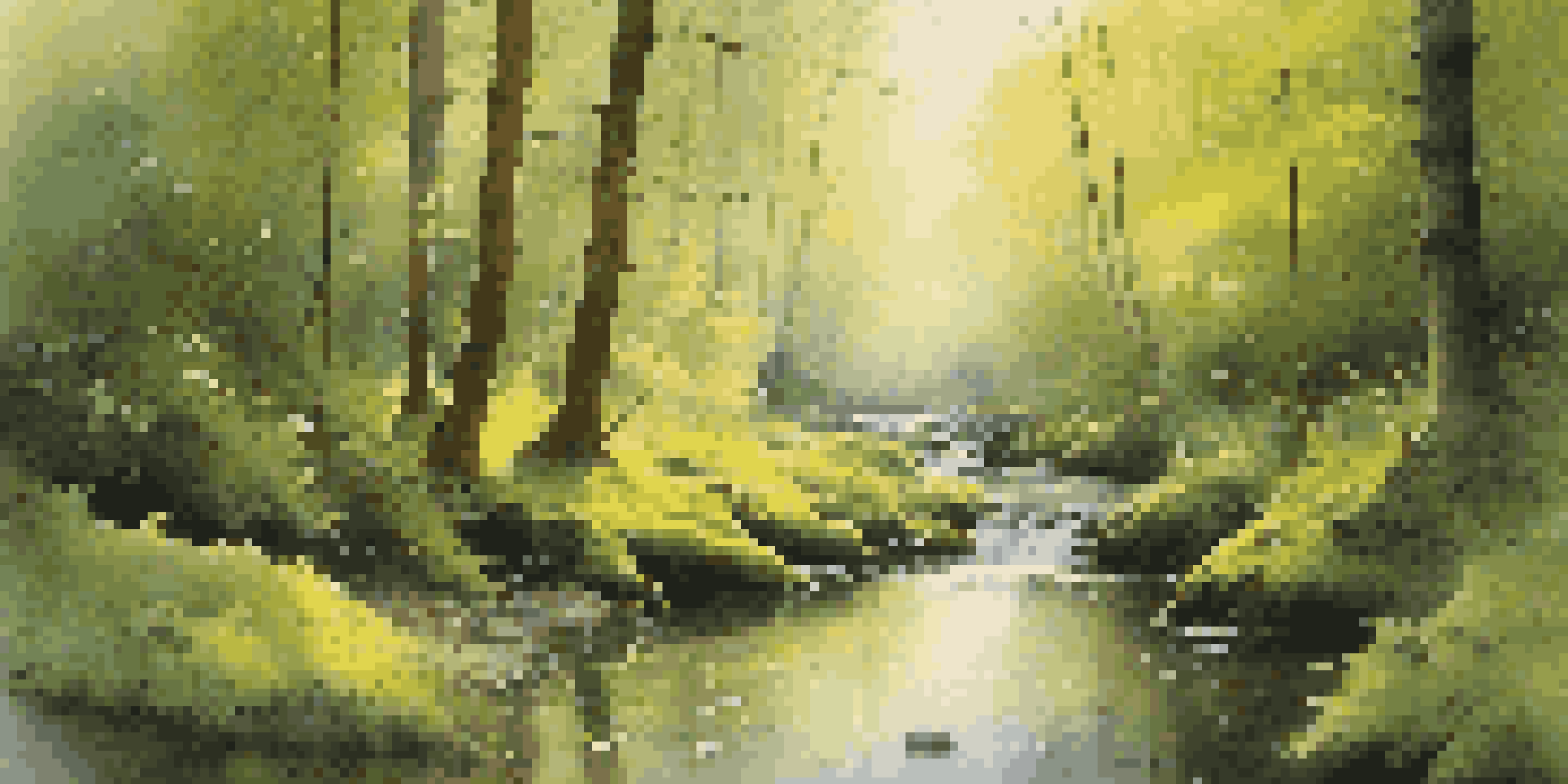 A peaceful forest at dawn with sunlight filtering through trees and a stream flowing.