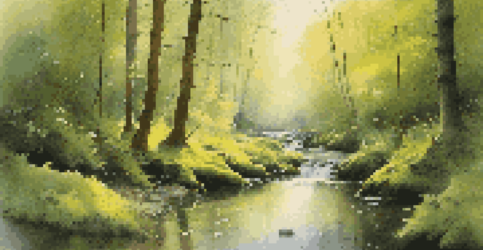 A peaceful forest at dawn with sunlight filtering through trees and a stream flowing.