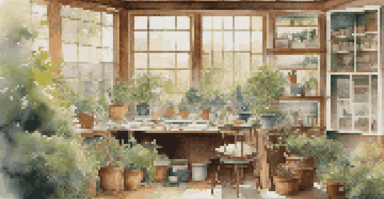 A traditional art studio in a garden, with large windows and art supplies arranged inside, glowing with warm light.