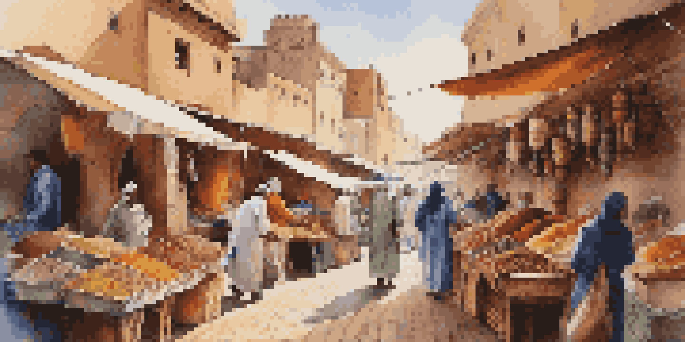 A vibrant Moroccan market with colorful stalls selling spices and textiles, and local vendors interacting with tourists.