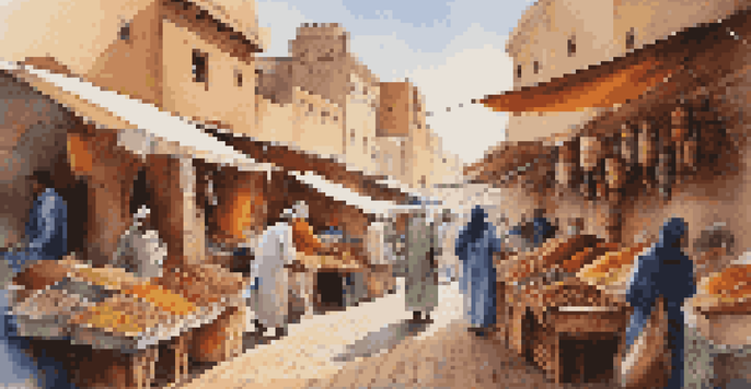 A vibrant Moroccan market with colorful stalls selling spices and textiles, and local vendors interacting with tourists.