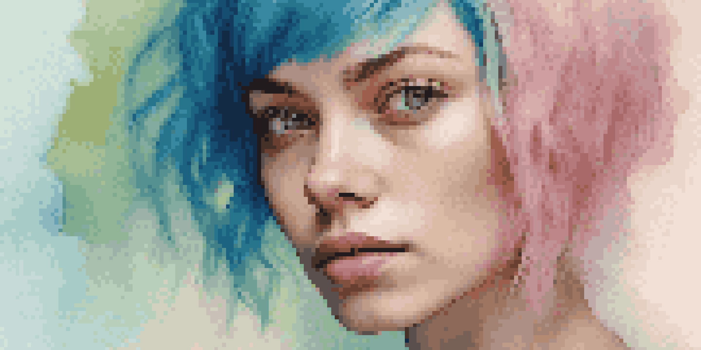 A detailed digital portrait of a young woman with blue hair, featuring warm lighting and a pastel background.