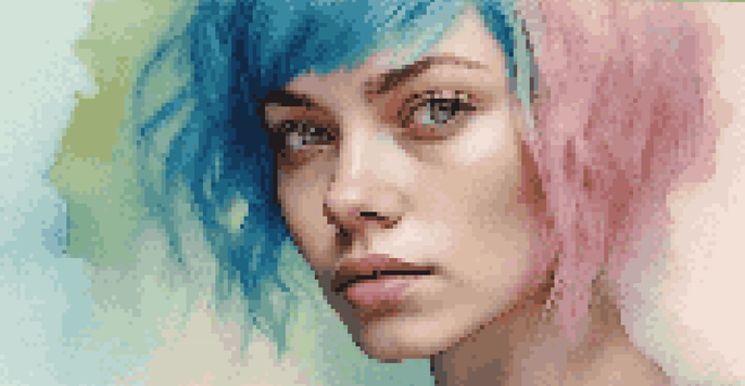 A detailed digital portrait of a young woman with blue hair, featuring warm lighting and a pastel background.