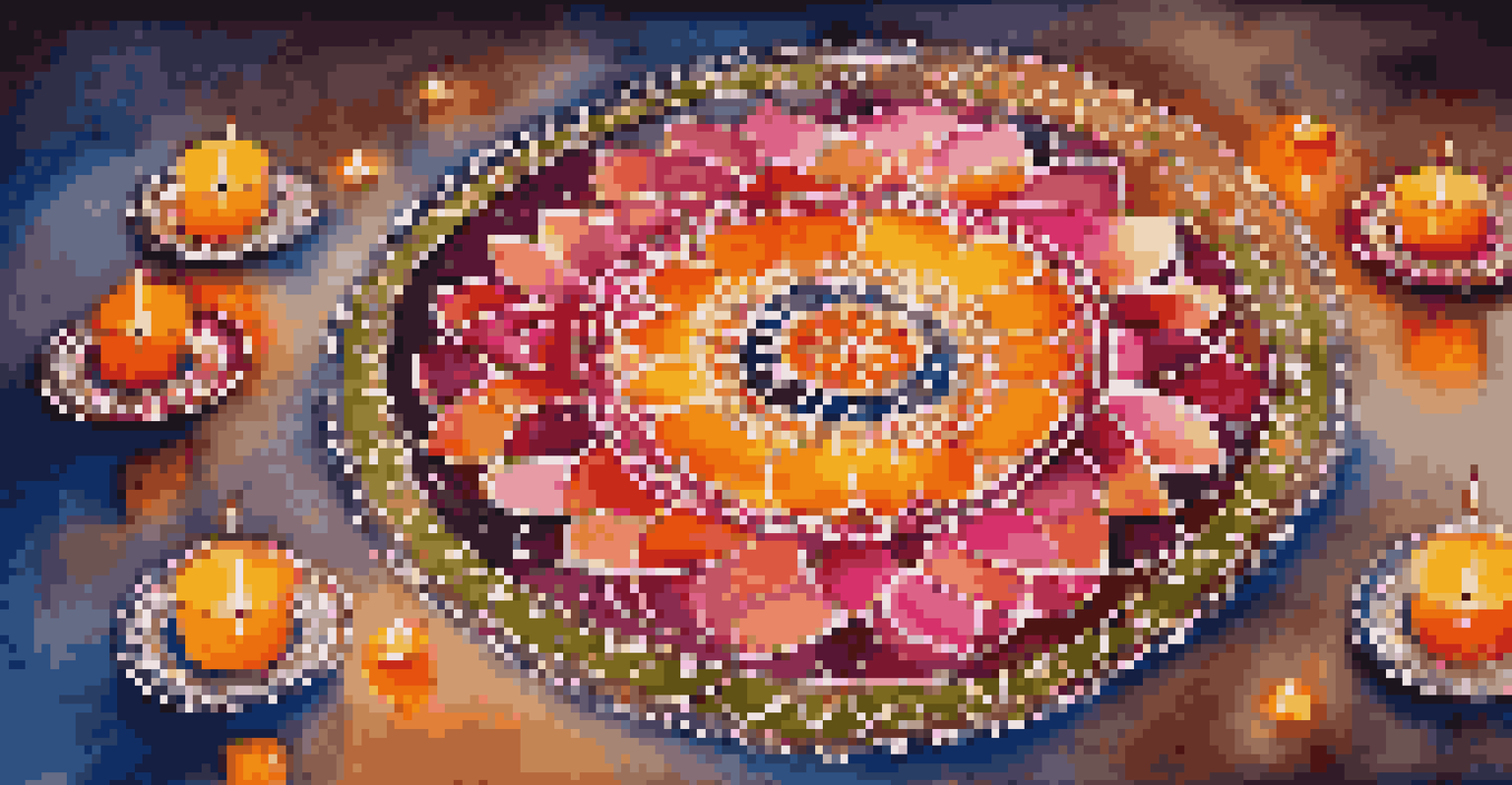 An intricate Rangoli design made with colorful powders, adorned with flower petals and candles, creating a festive atmosphere.
