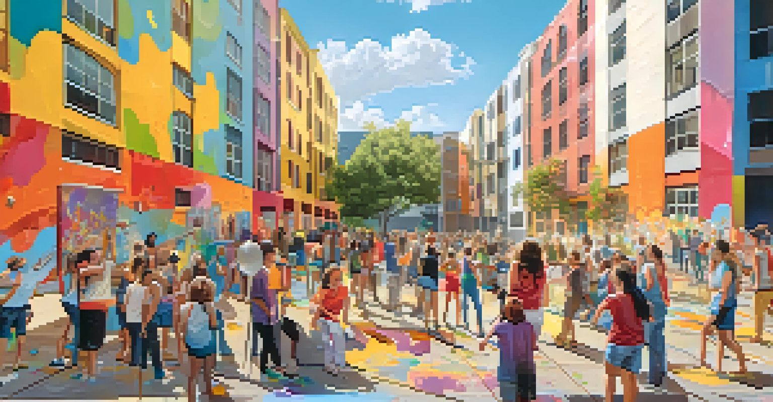 A community of residents joyfully collaborating to paint a large mural in an urban area.