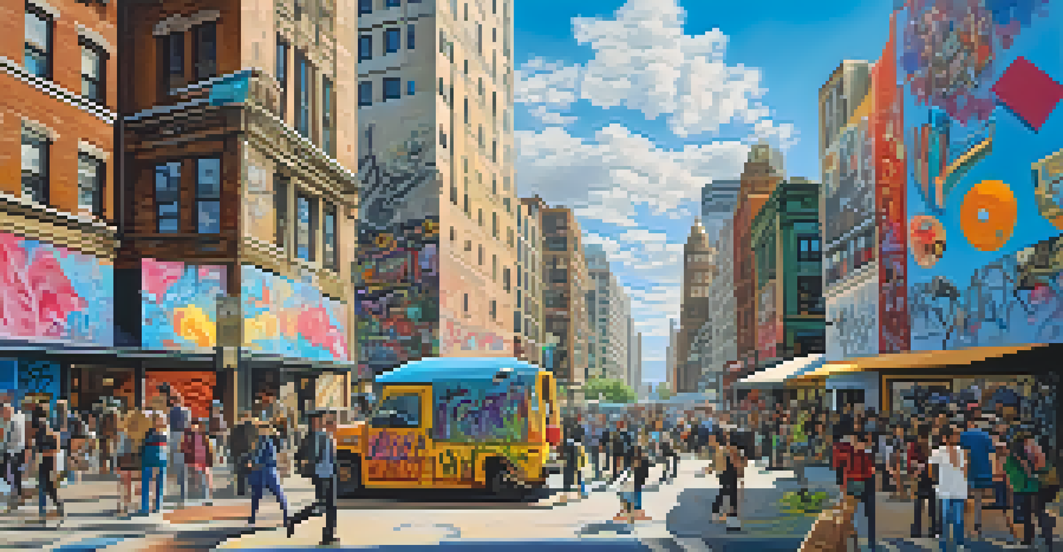A lively city street adorned with graffiti art, featuring people engaging with the vibrant urban environment.