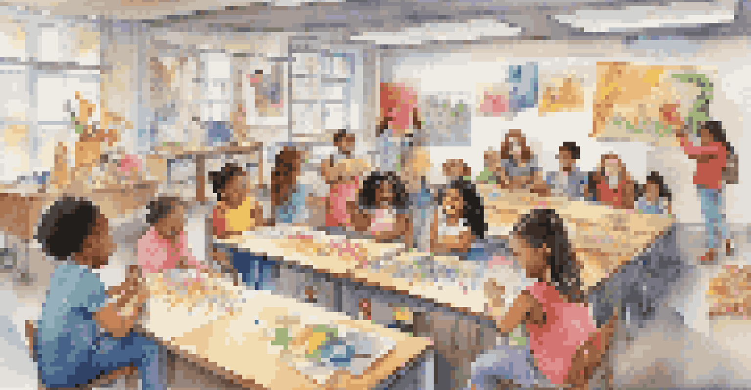 Children in a classroom workshop creating puppets with colorful materials, guided by a teacher, in a vibrant and creative environment.