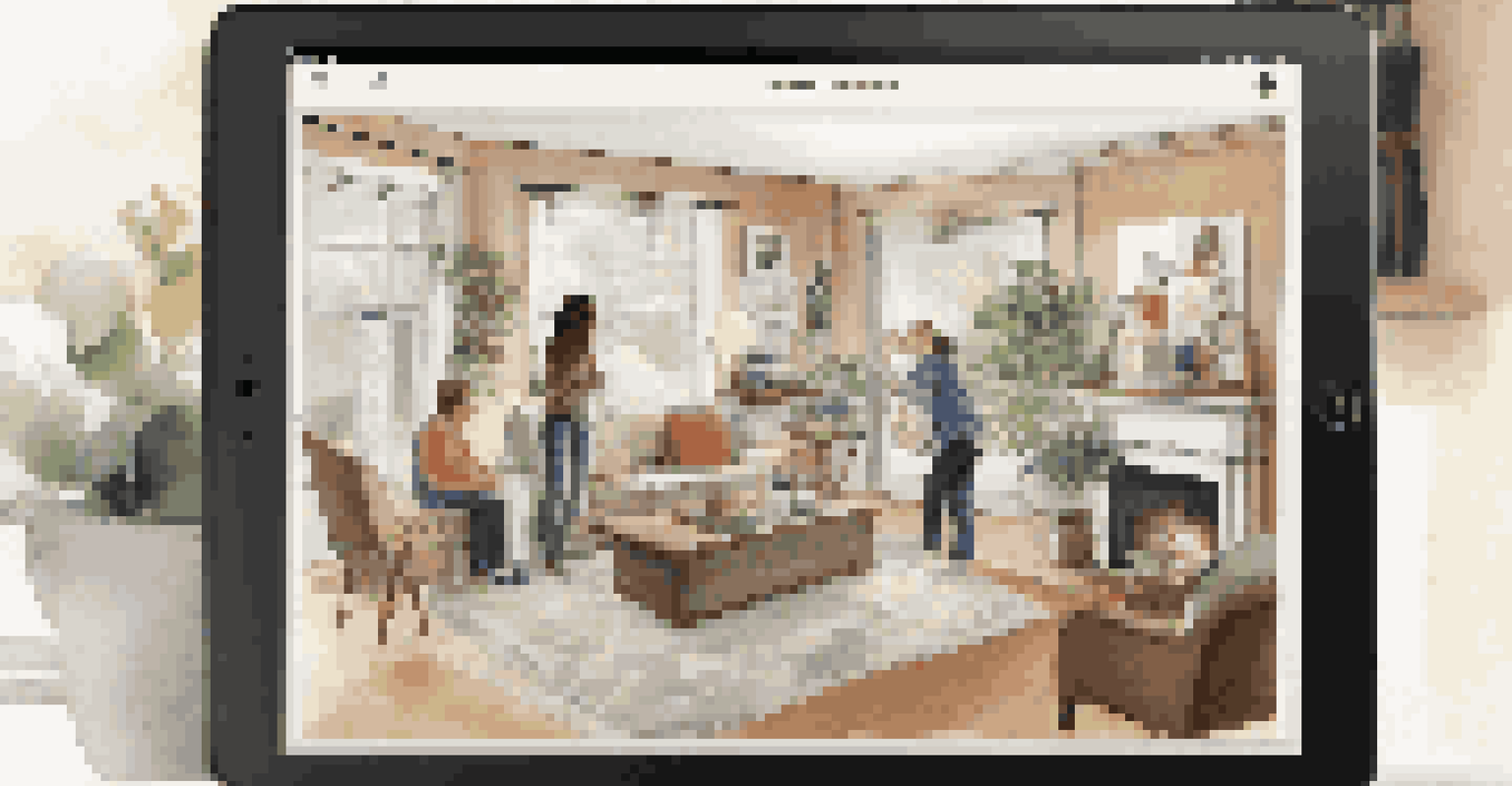 A digital scrapbook on a tablet showcasing family memories, with a cozy living room in the background.