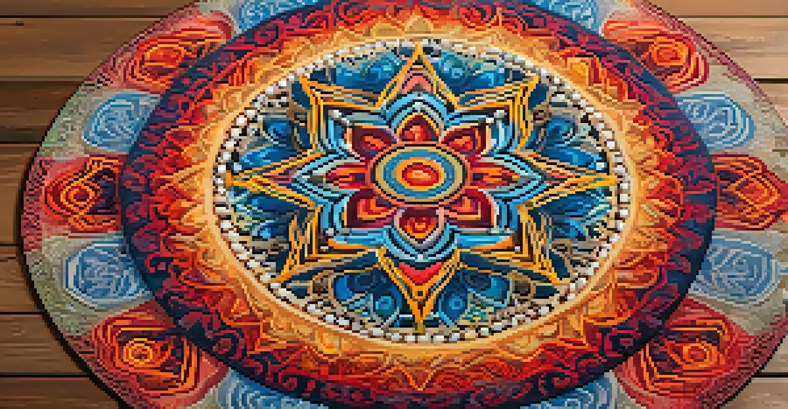 A close-up view of a colorful sand mandala art piece on a wooden table.