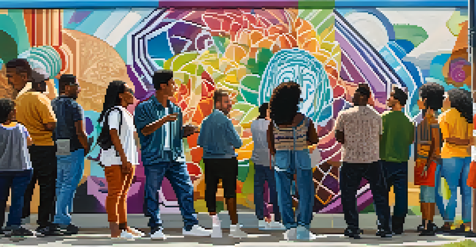 A diverse group of artists collaborating on a colorful mural in an urban setting.