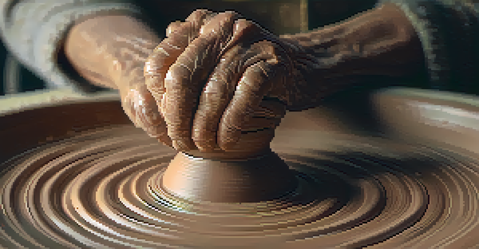 An older adult's hands shaping clay on a pottery wheel in a cozy studio, with tools and finished pieces in the background.