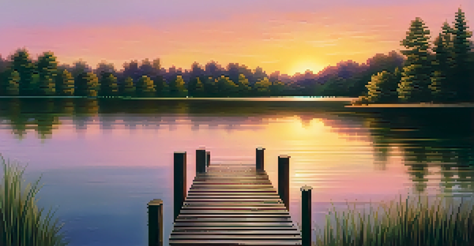 A peaceful sunset over a lake with colorful reflections and a wooden dock surrounded by green trees.