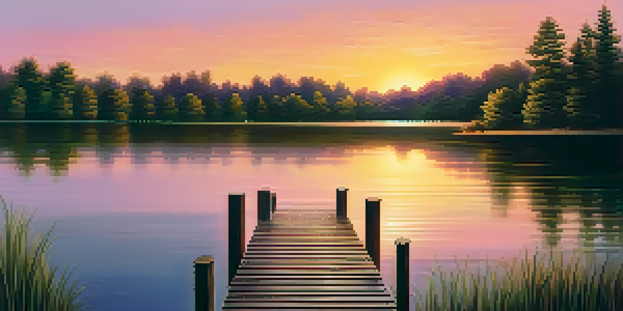 A peaceful sunset over a lake with colorful reflections and a wooden dock surrounded by green trees.