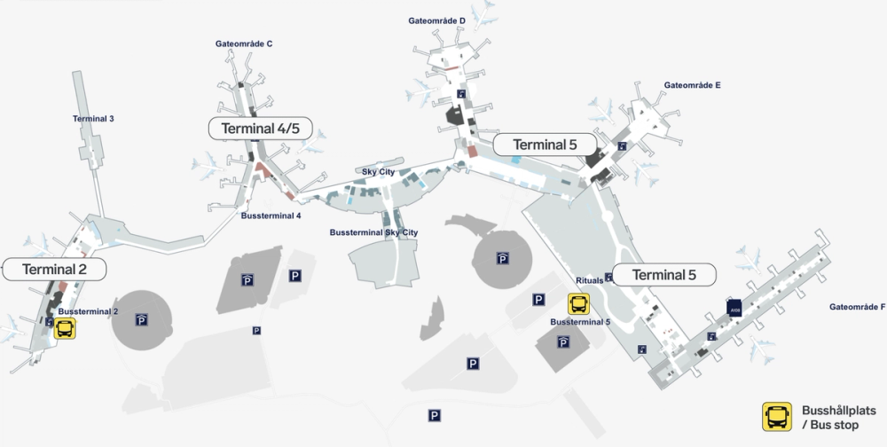 Karta över Arlanda flygplats (Terminal 2 och 5)