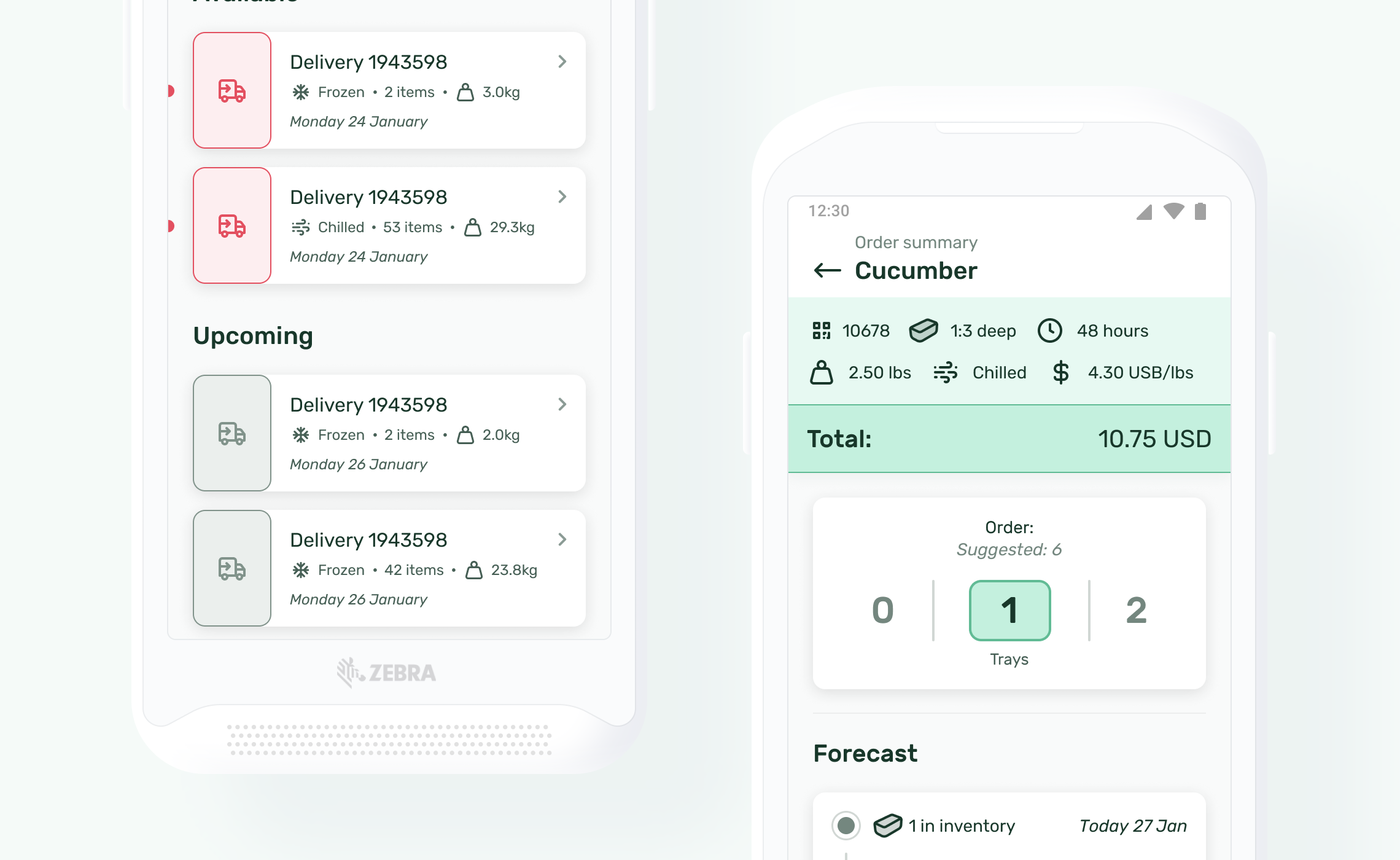 Two phones displaying delivery schedule and order summary.