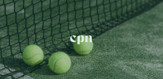 Three tennis balls at the net on an indoor court with CPN Logo above.