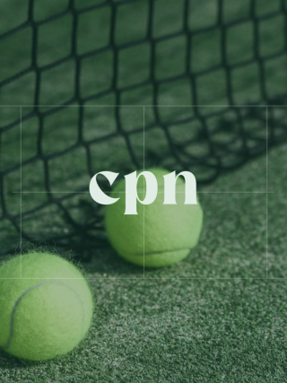 Three tennis balls at the net on an indoor court with CPN Logo above.